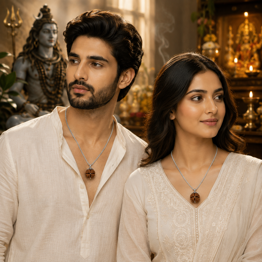 Male and female models wearing a 5 Mukhi Nepali Rudraksha pendant on a silver chain.