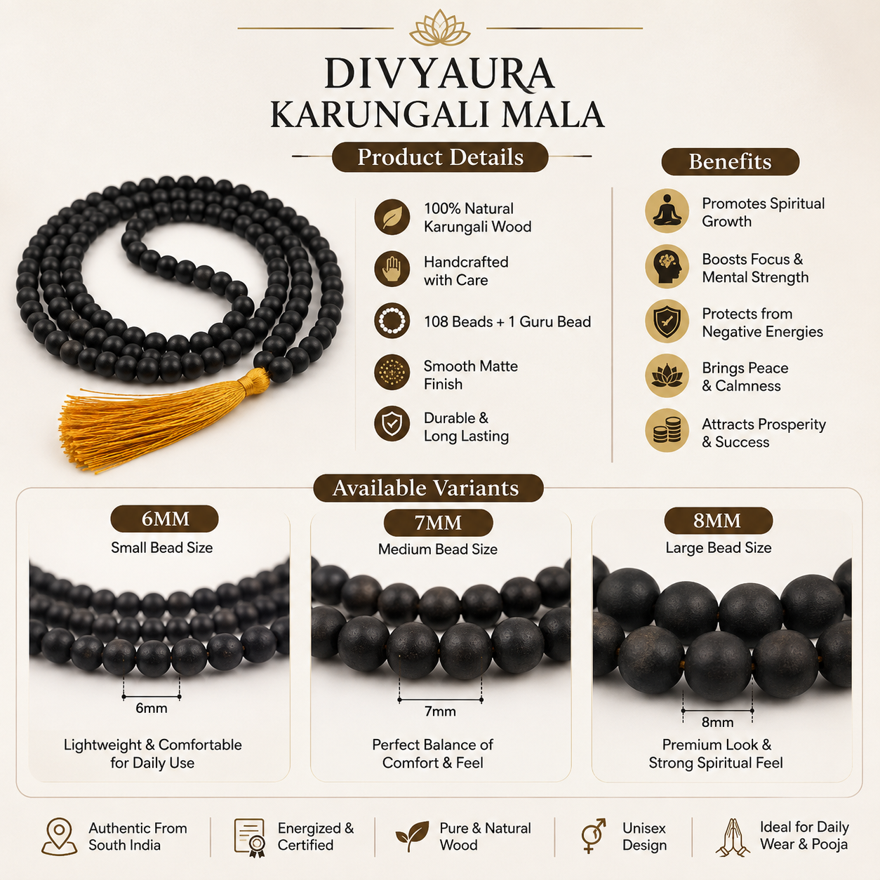 Divyaura Karungali Mala Available in 6mm, 7mm and 8mm Bead Sizes with Product Features and Size Comparison