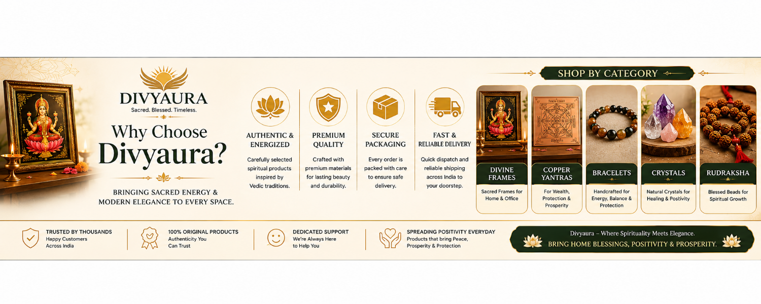 Divyaura premium spiritual home decor featuring divine frames, bracelets, crystals, rudraksha and copper yantras