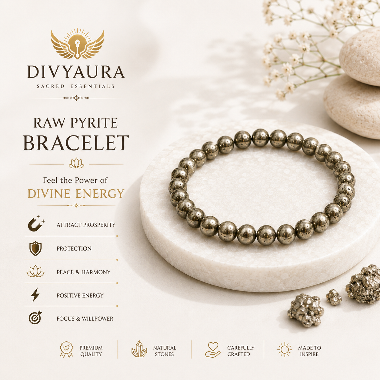 Natural Pyrite Crystal Bracelet for Wealth, Prosperity and Positive Energy by divyaura