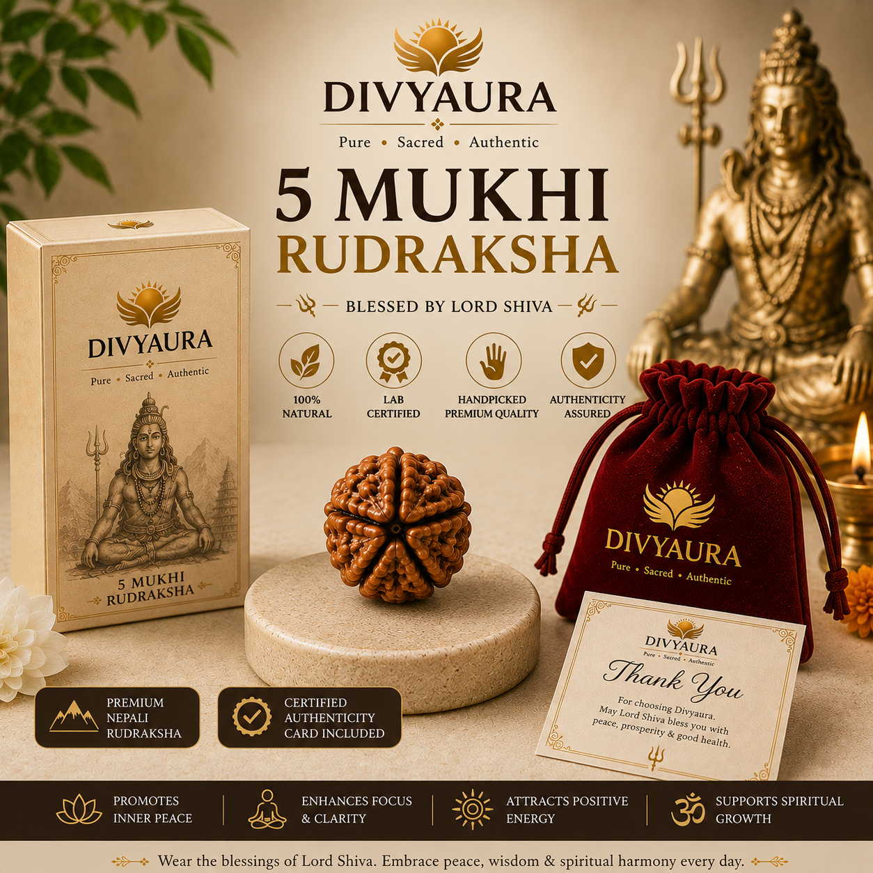 Premium Divyaura packaging with 5 Mukhi Rudraksha, rigid gift box, red velvet pouch and thank you card.