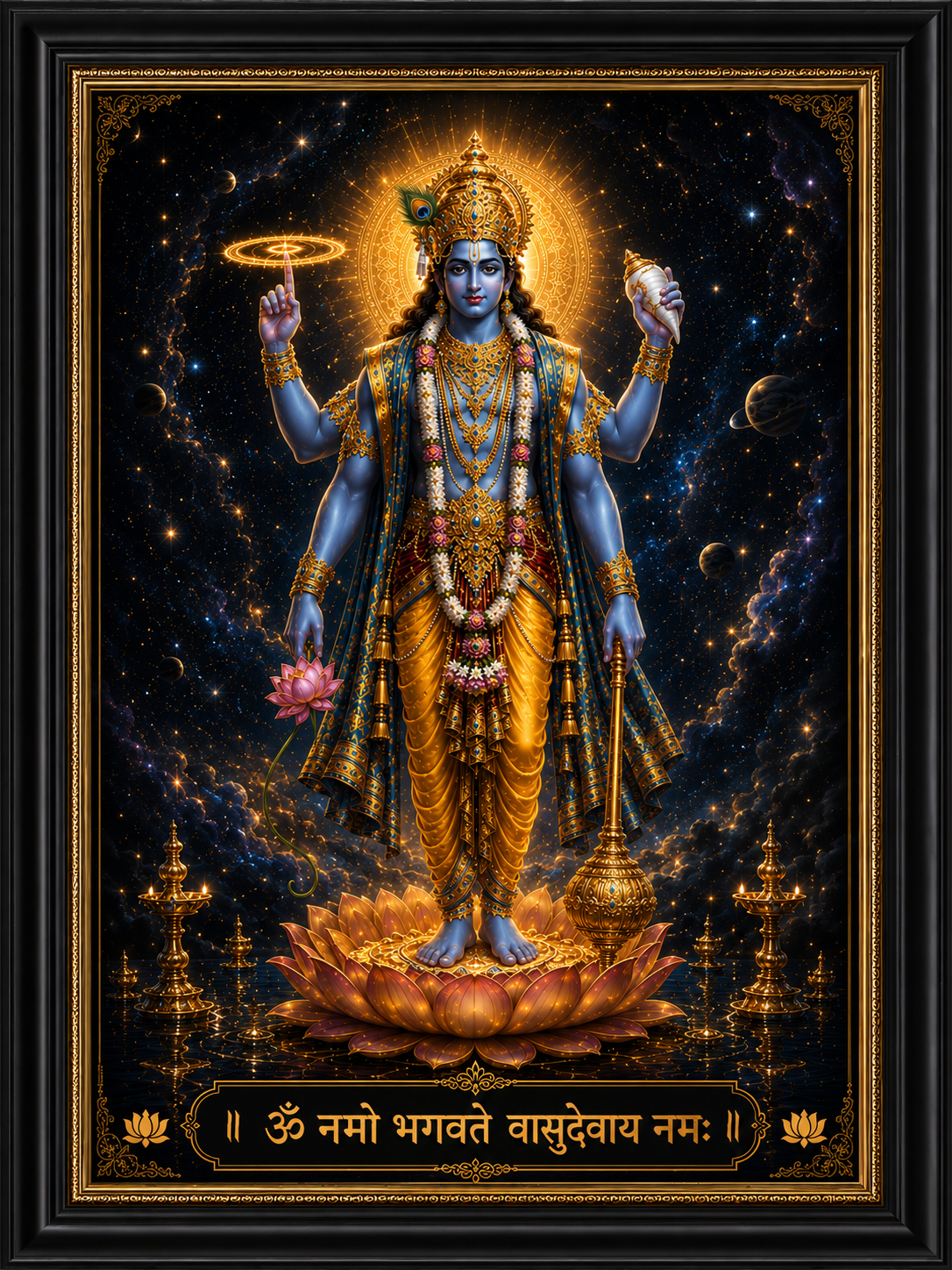 Lord Vishnu Chaturbhuja Divine Wall Art | Premium Canvas Frame for Home & Office