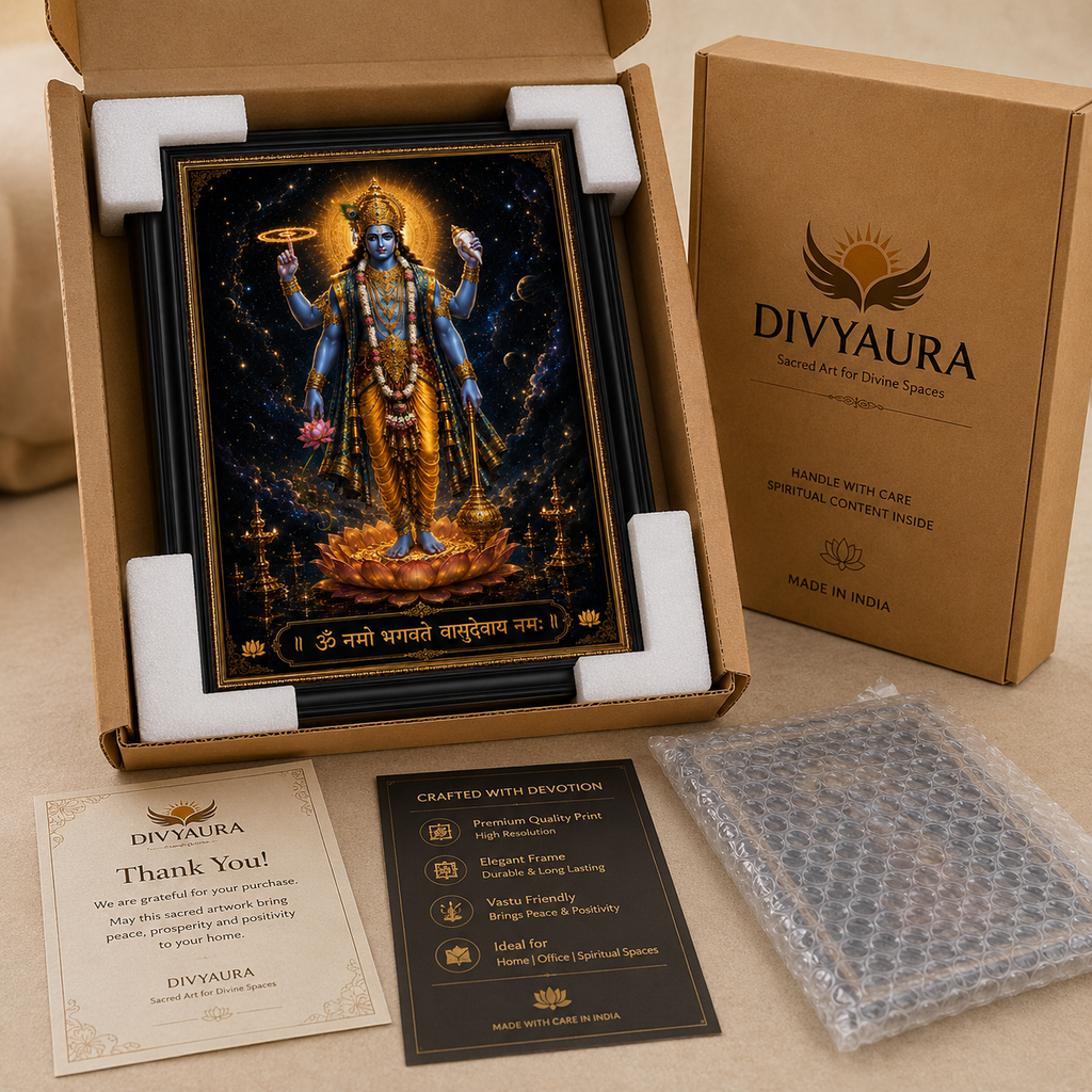 Lord Vishnu Chaturbhuja Divine Wall Art | Premium Canvas Frame for Home & Office