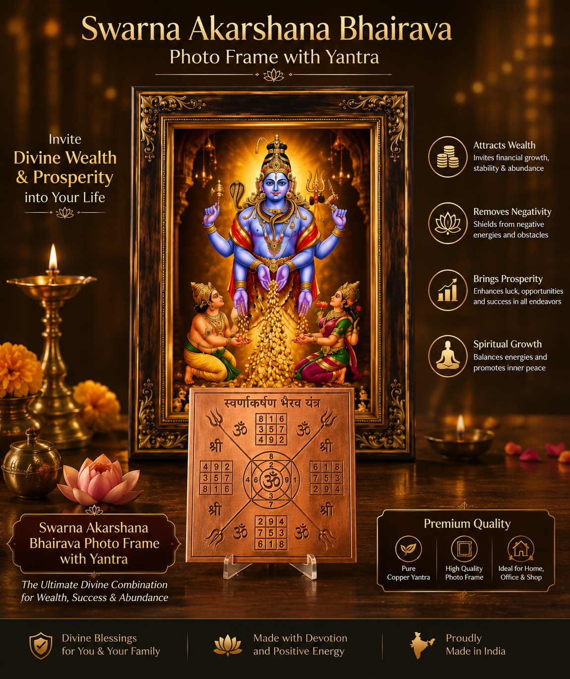 Swarna Akarshana Bhairava Photo Frame with 2×2 Inch Pure Copper Yantra | Premium Vastu Combo