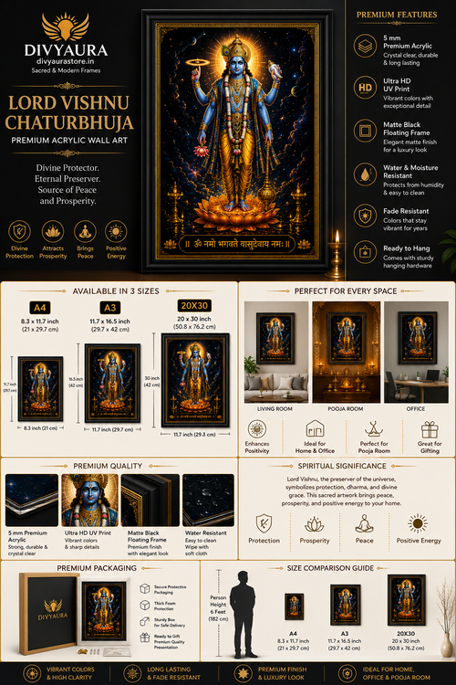 Lord Vishnu Chaturbhuja Divine Wall Art | Premium Canvas Frame for Home & Office